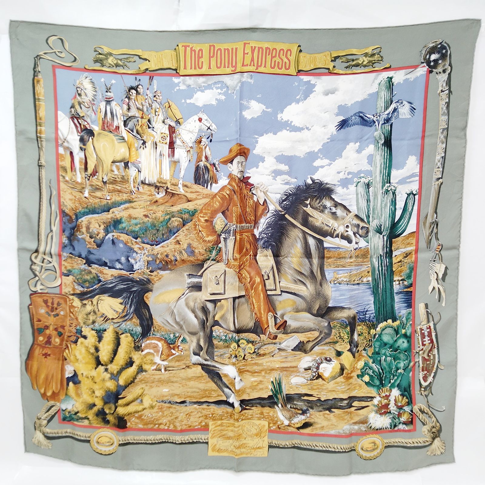 Hermes scarf Carre 90 The Pony Express Kermit Oliver Olive Silk100